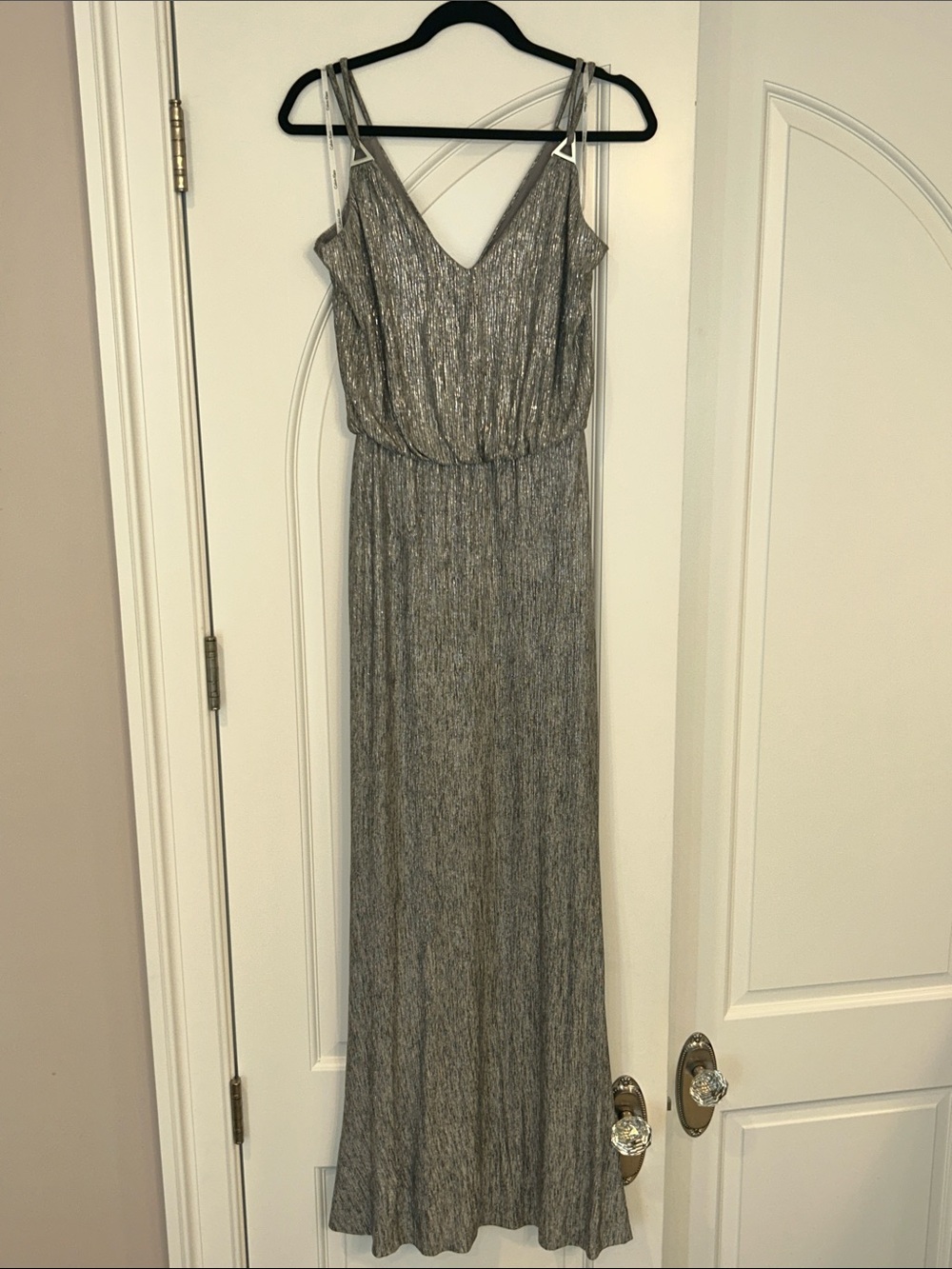 Calvin Klein- Silver Metallic V-Neck Sleeveless Maxi Dress